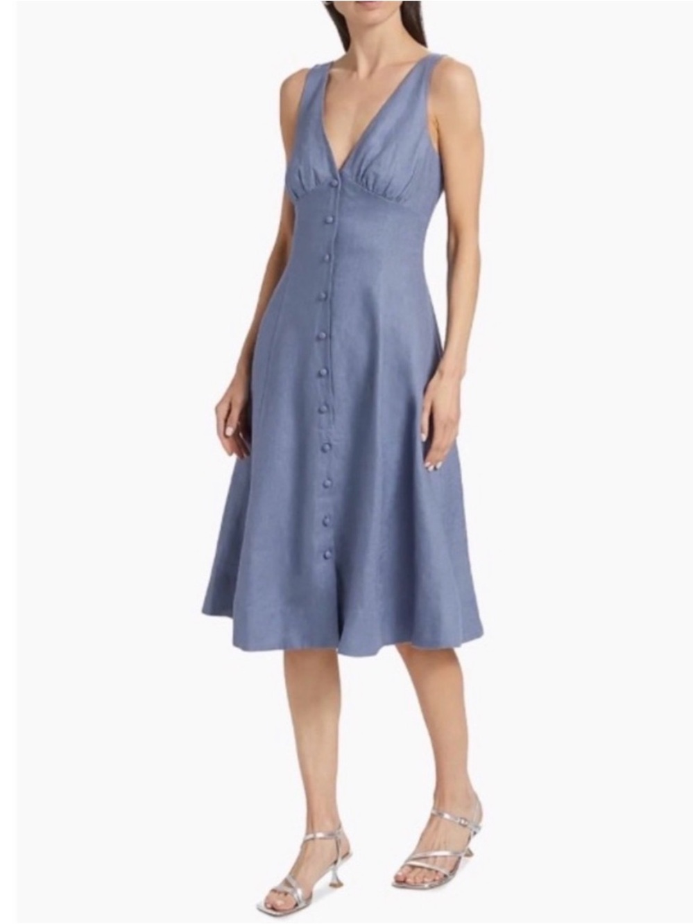 Reformation Dusty Blue Sleeveless V-Neck Button-Front Midi Dress